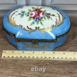 Vintage Hand Painted Made in France Porcelain Trinket Box Blue Floral Gold