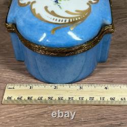 Vintage Hand Painted Made in France Porcelain Trinket Box Blue Floral Gold
