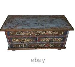 Vintage Hand Painted Wooden Chest with Drawers Rustic Folk Art Decor