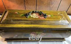 Vintage Hand, Painted Wooden Keepsake Box, Lidded, and Velvet Lined 15x7x6