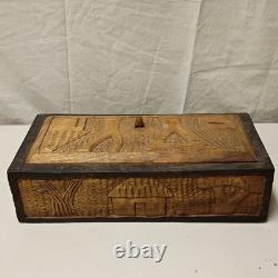Vintage Hand carved Wooden Box With Lid Heavy Solid Stained Wood 14.5