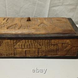 Vintage Hand carved Wooden Box With Lid Heavy Solid Stained Wood 14.5