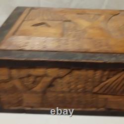 Vintage Hand carved Wooden Box With Lid Heavy Solid Stained Wood 14.5