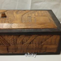 Vintage Hand carved Wooden Box With Lid Heavy Solid Stained Wood 14.5