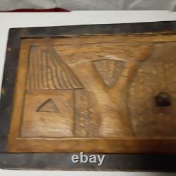 Vintage Hand carved Wooden Box With Lid Heavy Solid Stained Wood 14.5