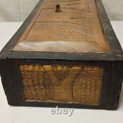 Vintage Hand carved Wooden Box With Lid Heavy Solid Stained Wood 14.5