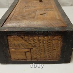 Vintage Hand carved Wooden Box With Lid Heavy Solid Stained Wood 14.5