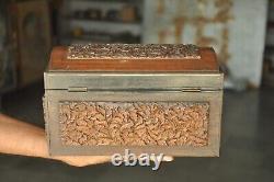 Vintage Handcrafted Wooden Floral Engraved 2 Compartment Fine Jewellery Box