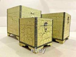 Vintage Handicraft Wooden Brass Work Cracking Painted Storage Box Set Of 3 Pcs