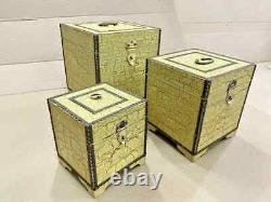 Vintage Handicraft Wooden Brass Work Cracking Painted Storage Box Set Of 3 Pcs