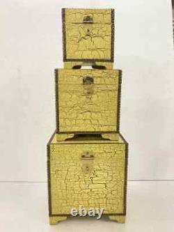 Vintage Handicraft Wooden Brass Work Cracking Painted Storage Box Set Of 3 Pcs