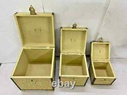 Vintage Handicraft Wooden Brass Work Cracking Painted Storage Box Set Of 3 Pcs