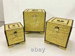 Vintage Handicraft Wooden Brass Work Cracking Painted Storage Box Set Of 3 Pcs