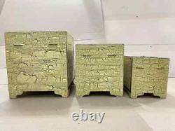 Vintage Handicraft Wooden Brass Work Cracking Painted Storage Box Set Of 3 Pcs