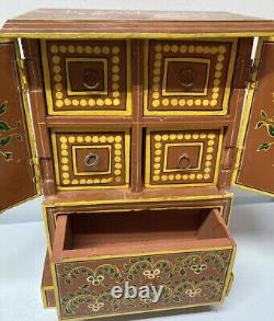 Vintage Handmade Chest Cabinet Jewelry Box INDIA Pictoral Wood Beautiful AS IS