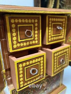 Vintage Handmade Chest Cabinet Jewelry Box INDIA Pictoral Wood Beautiful AS IS