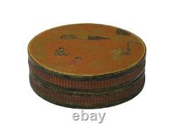 Vintage Handmade Round Brown Golden Scenery Artistic Wood Box GB773