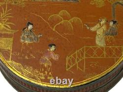 Vintage Handmade Round Brown Golden Scenery Artistic Wood Box GB773
