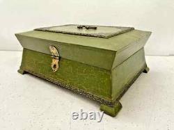 Vintage Handmade Wooden Brass Work Cracking Paint Cash Jewelry Storage Box