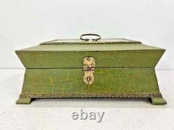 Vintage Handmade Wooden Brass Work Cracking Paint Cash Jewelry Storage Box