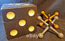 Vintage Handmade Wooden Jacks Set Large Dice Style Storage Box