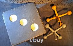 Vintage Handmade Wooden Jacks Set Large Dice Style Storage Box