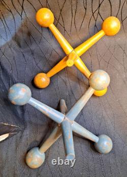 Vintage Handmade Wooden Jacks Set Large Dice Style Storage Box Vintage Handmade Wooden Jacks Set Large Dice Style Storage Box