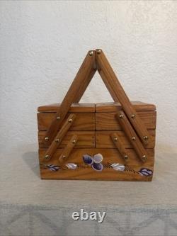 Vintage Handmade Wooden Sewing Box Accordion Tote Hand-Painted Floral