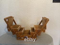 Vintage Handmade Wooden Sewing Box Accordion Tote Hand-Painted Floral