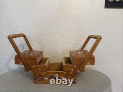 Vintage Handmade Wooden Sewing Box Accordion Tote Hand-Painted Floral