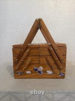 Vintage Handmade Wooden Sewing Box Accordion Tote Hand-Painted Floral