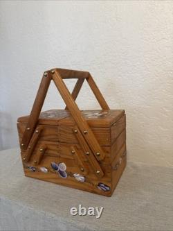 Vintage Handmade Wooden Sewing Box Accordion Tote Hand-Painted Floral