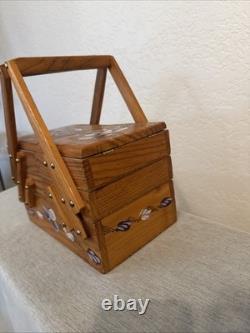 Vintage Handmade Wooden Sewing Box Accordion Tote Hand-Painted Floral