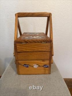 Vintage Handmade Wooden Sewing Box Accordion Tote Hand-Painted Floral
