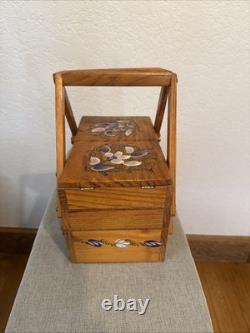Vintage Handmade Wooden Sewing Box Accordion Tote Hand-Painted Floral