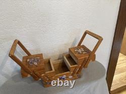 Vintage Handmade Wooden Sewing Box Accordion Tote Hand-Painted Floral