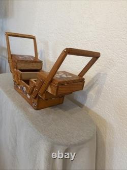 Vintage Handmade Wooden Sewing Box Accordion Tote Hand-Painted Floral