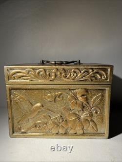 Vintage Heavy Brass-Look Jewelry Box with Hummingbird & Floral Relief