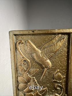 Vintage Heavy Brass-Look Jewelry Box with Hummingbird & Floral Relief