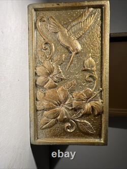 Vintage Heavy Brass-Look Jewelry Box with Hummingbird & Floral Relief