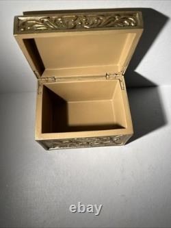 Vintage Heavy Brass-Look Jewelry Box with Hummingbird & Floral Relief