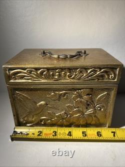 Vintage Heavy Brass-Look Jewelry Box with Hummingbird & Floral Relief
