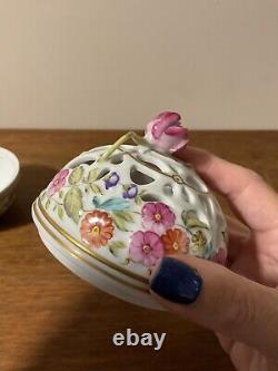 Vintage Hollohaza Porcelain Hungary Open Work Potpourri Floral Trinket Box