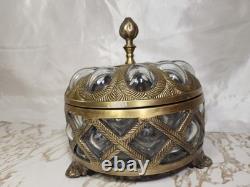 Vintage Hollywood Regency Brass & Bubble Glass Jewelry Casket Footed Box