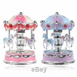 Vintage Horse Carousel Music Box Toy Light Clockwork Musical Birthday Gifts Pink