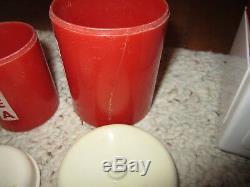 Vintage Ideal Red/White Plastic Toy Bread Box, 2 Canisters & 8 Spices WithHolders