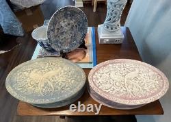 Vintage Incolay Stone Jewelry Boxes Pink And Blue With Double Facing Peacocks
