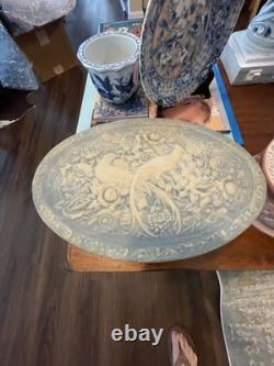 Vintage Incolay Stone Jewelry Boxes Pink And Blue With Double Facing Peacocks