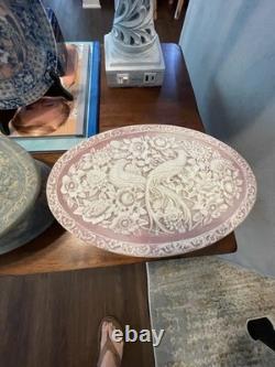 Vintage Incolay Stone Jewelry Boxes Pink And Blue With Double Facing Peacocks