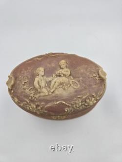 Vintage Incolay Stone Pink Box Victorian Scene Handcrafted USA Jewelry Floral